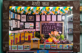श्री गणेश सजावटीतून साकारला मराठी शाळा वाचविण्याचा देखावा