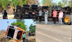 गोंदिया-कोहमारा राष्ट्रीय महामार्गावर घडला विचित्र अपघात:उलटलेल्या ट्रकला ट्रॅव्हल्सची धडक, एक ठार; बारा प्रवासी जखमी ;